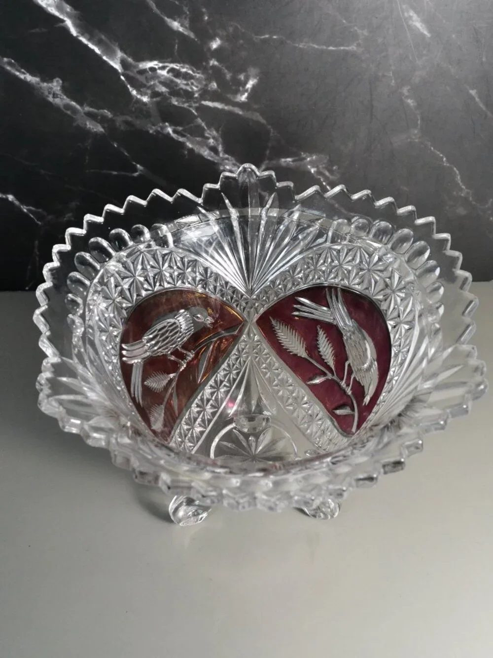 Hofbauer Byrdes Ruby Red Crystal 3 Footed Bowl Germany Vintage